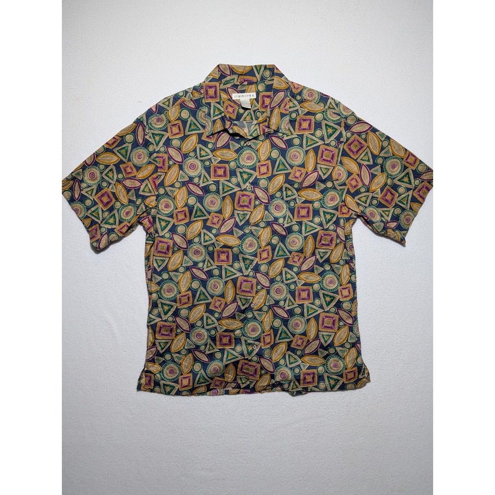 Claiborne Mens Short Sleeve Button Down Shirt Geometric Print Blue Size M